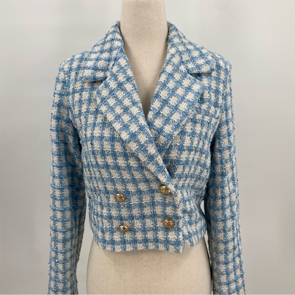 Jason Wu Blue Cropped Boucle Tweed Checkered Jacket Size 4 - Picture 5 of 5